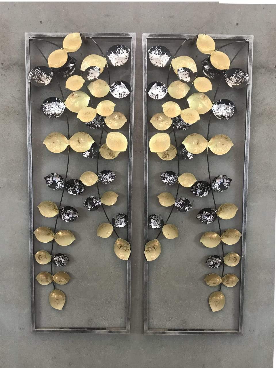 Falling Golden Black Leaf Frame In Attractive Set Of 2 Metal Panels By Tamrapatra
