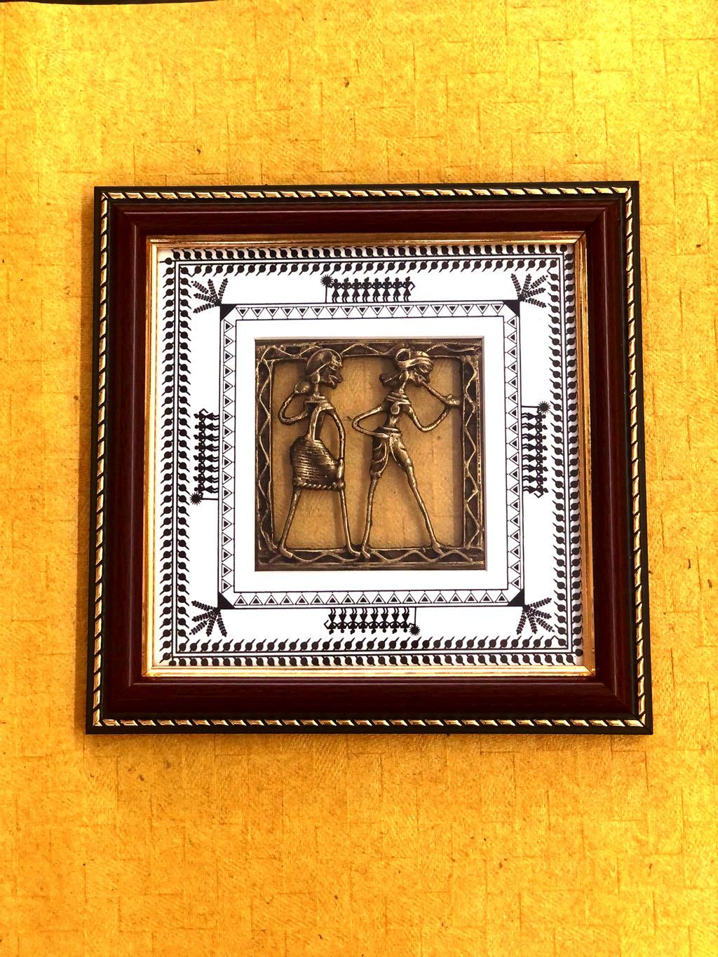 Dhokra Figures Enclosed In Warli Art Frame Hanging Tamrapatra - Tamrapatra