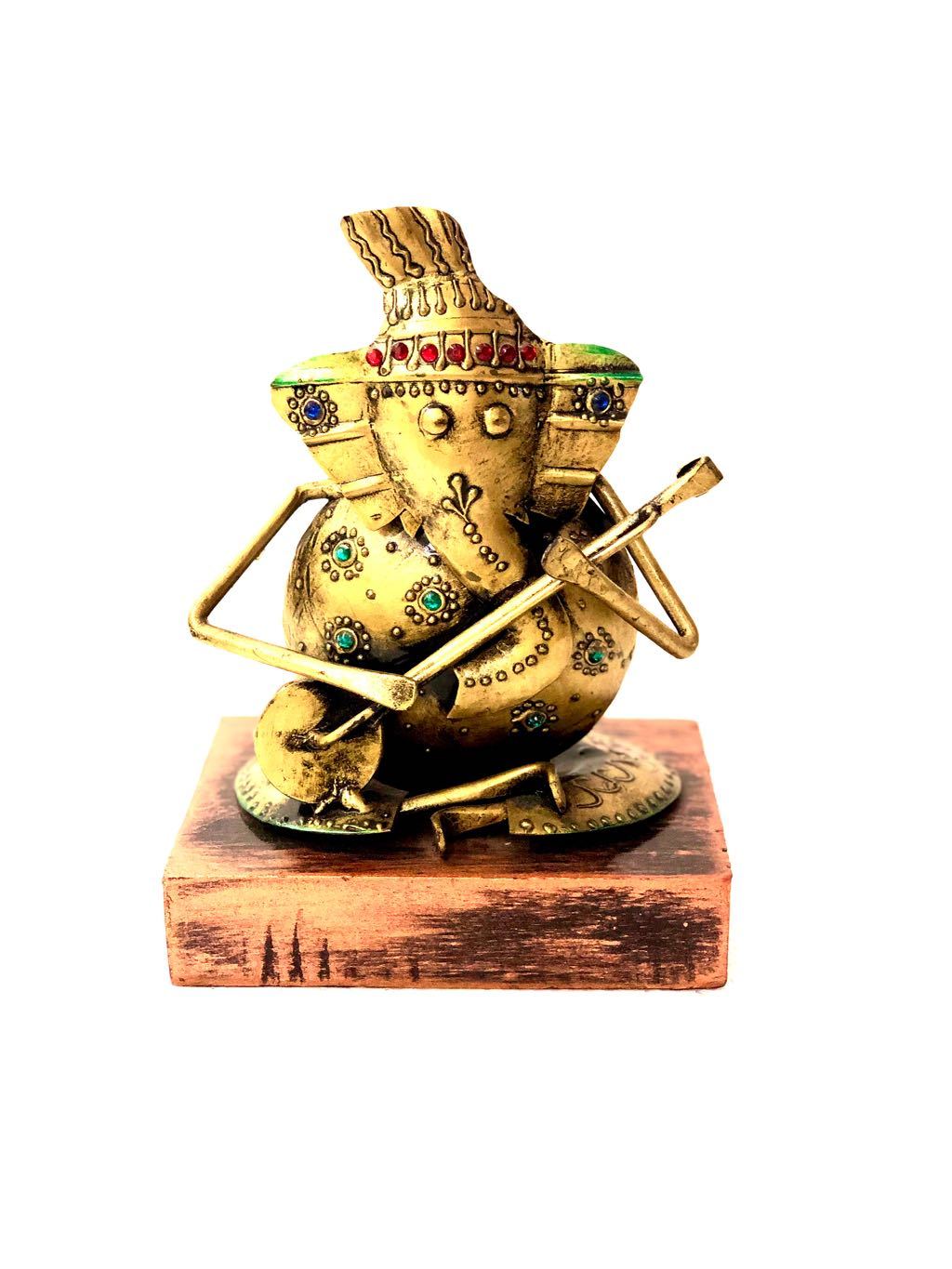 Sitting Musical Metal Lord Ganesha On Wooden Platform Interior Tamrapatra - Tanariri Hastakala