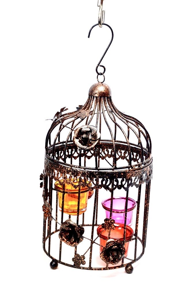 Decorative Cage Style Candle Holder Hanging With Glass Tamrapatra