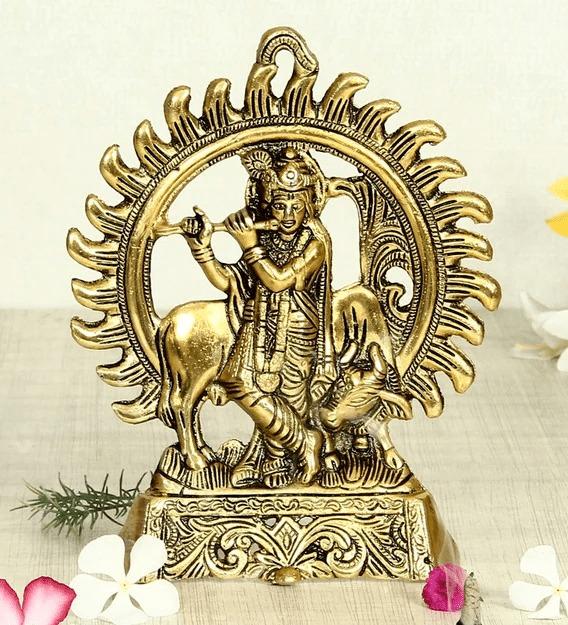 Krishna Cow Pair With Sun Style Hanging New Religious Metal Art By Tamrapatra