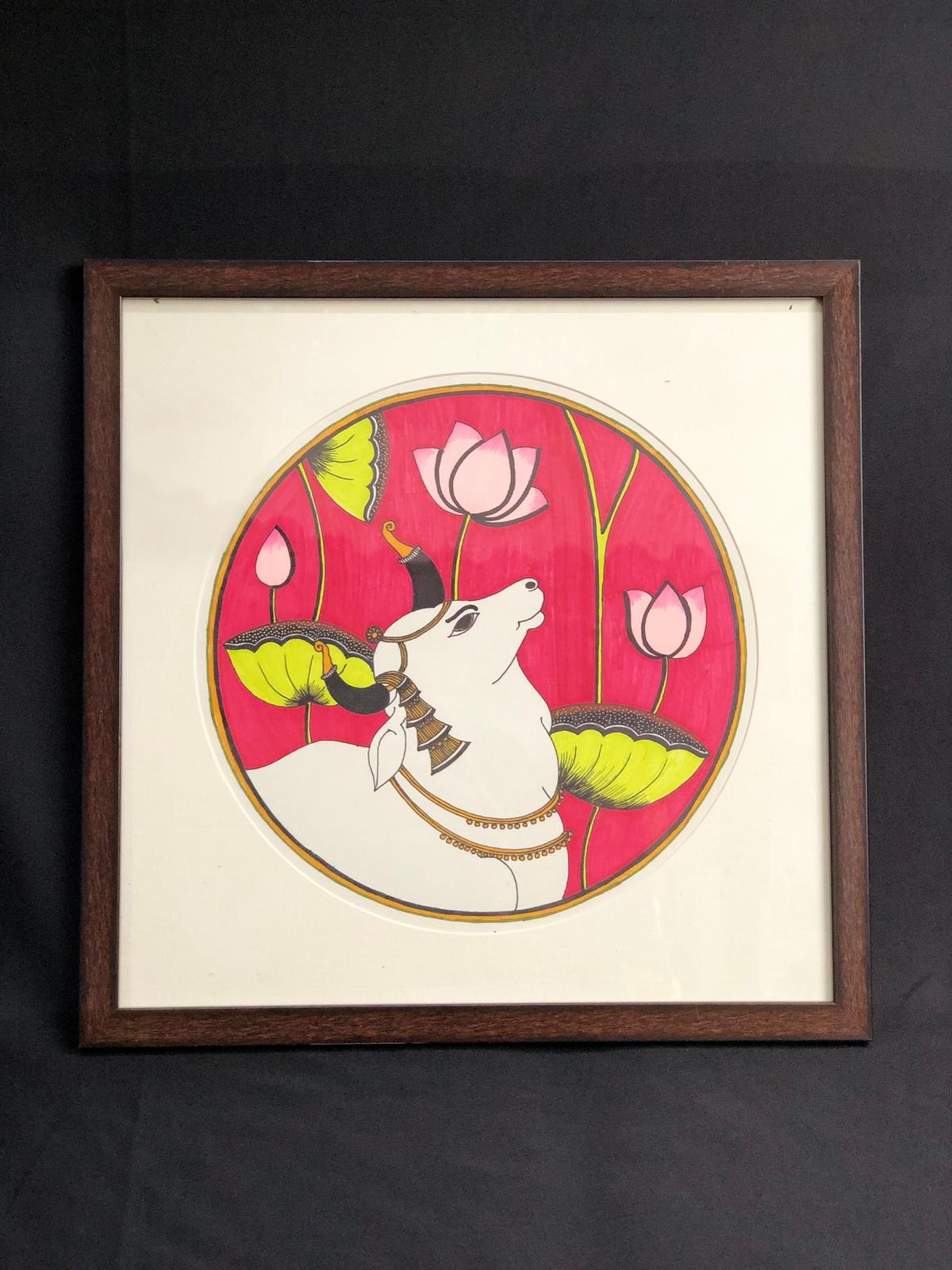 Pichwai Paintings Cow Round Canvas Hand Painted With Frame From Tamrapatra
