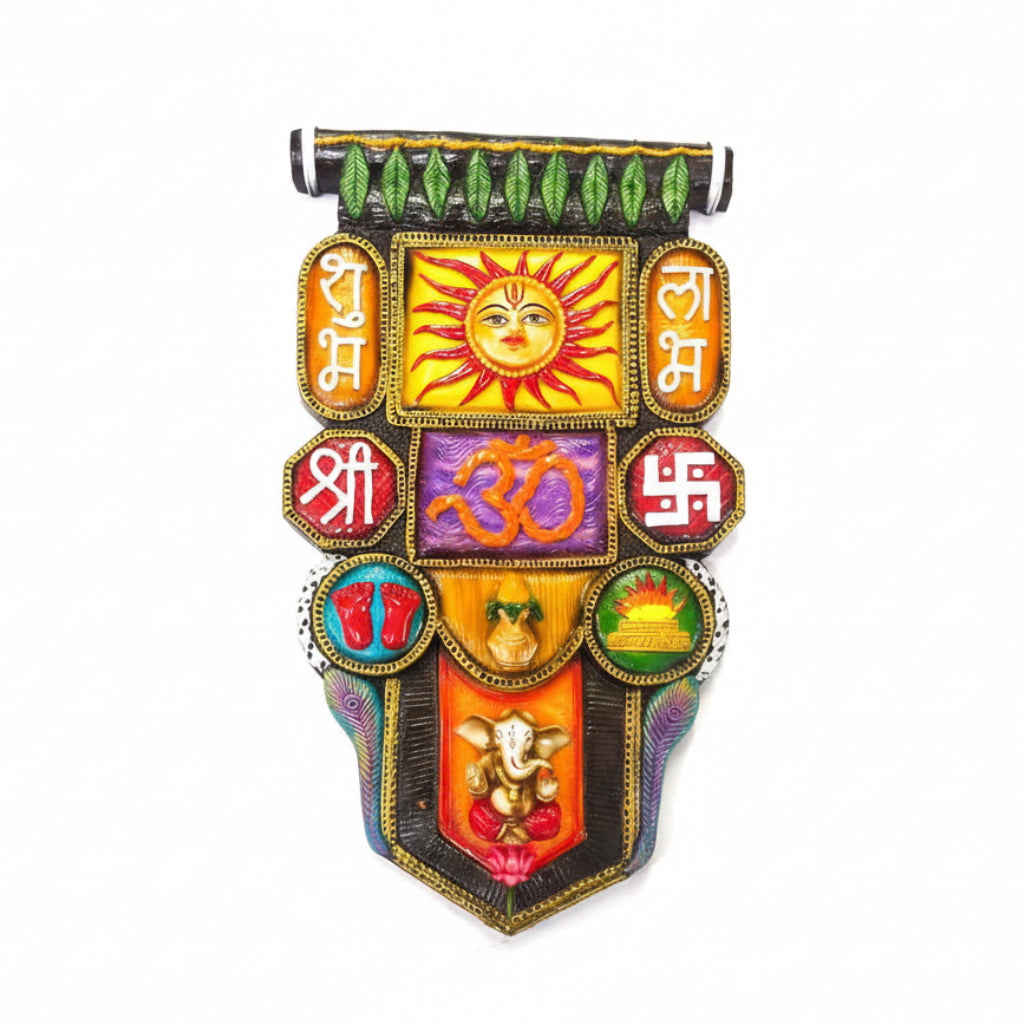 A colorful handcrafted decorative hanging featuring various symbols and deities in a Vastu frame.
