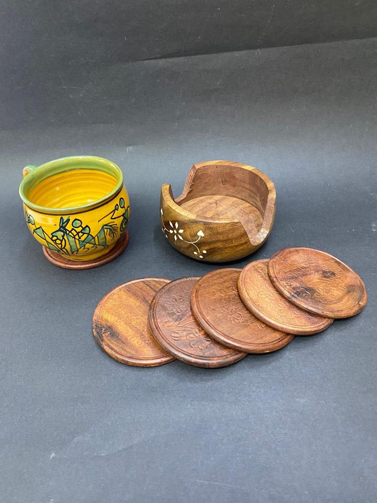 Coaster Wooden Round Floral Designs Engraved Tableware By Tamrapatra