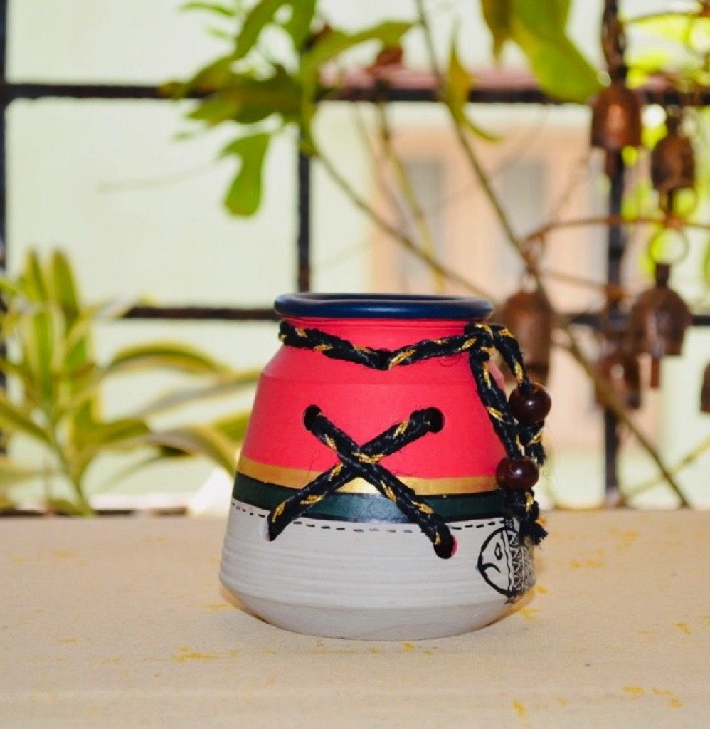 Madhubani Painted Red Pot Threaded Style Pottery Decor By Tamrapatra - Tamrapatra