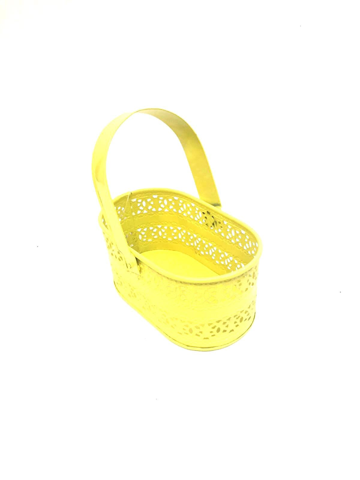 Basket Style Storage Metal Handcrafted With Easy Carry Handle By Tamrapatra